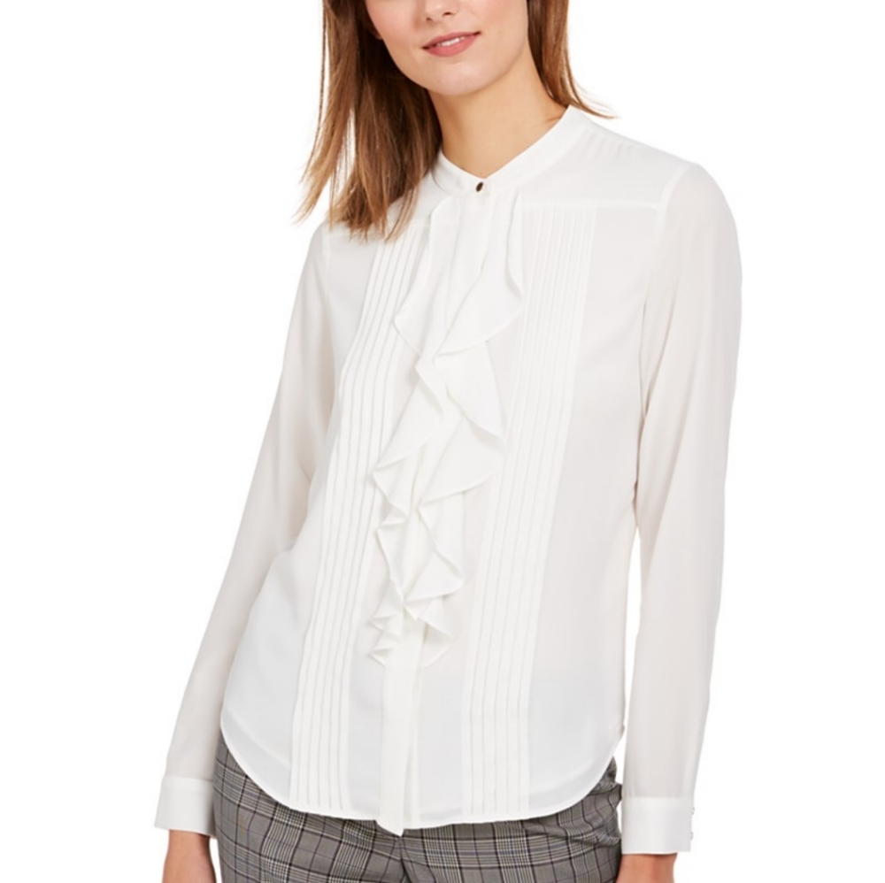⚡Calvin Klein Petite Ruffle Front Tuxedo Button-Up Shirt Size PM and PS - Picture 1 of 4